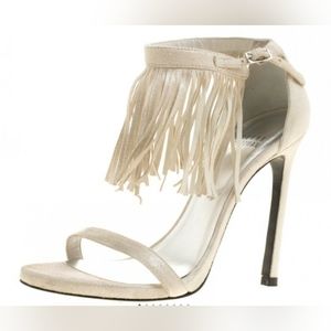 Stuart Weitzman Love Fringe Ankle Strap Sandals open toe Beige Suede size 8 1/2.